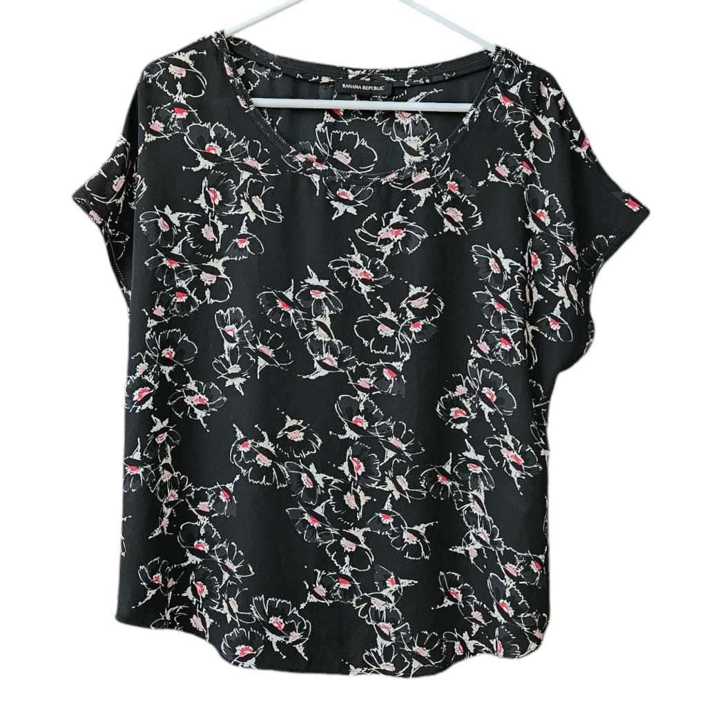 Banana Republic Floral Print Top Blouse Women's Medium Black Pink